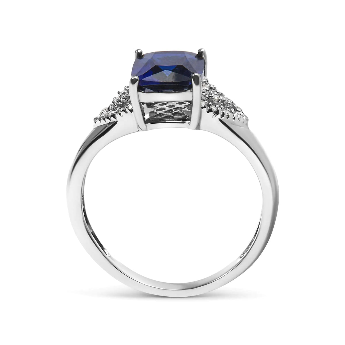Bague de fiançailles en argent sterling 925 avec saphir bleu taille coussin et diamant blanc de 9 x 7 mm (couleur IJ, pureté I3)