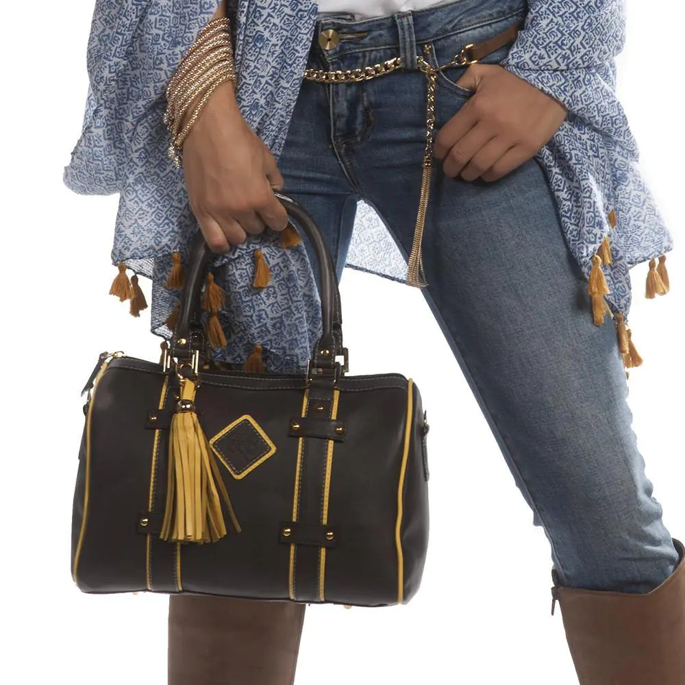 Bolso de mano de cuero Make a Statement: chocolate/amarillo cítrico