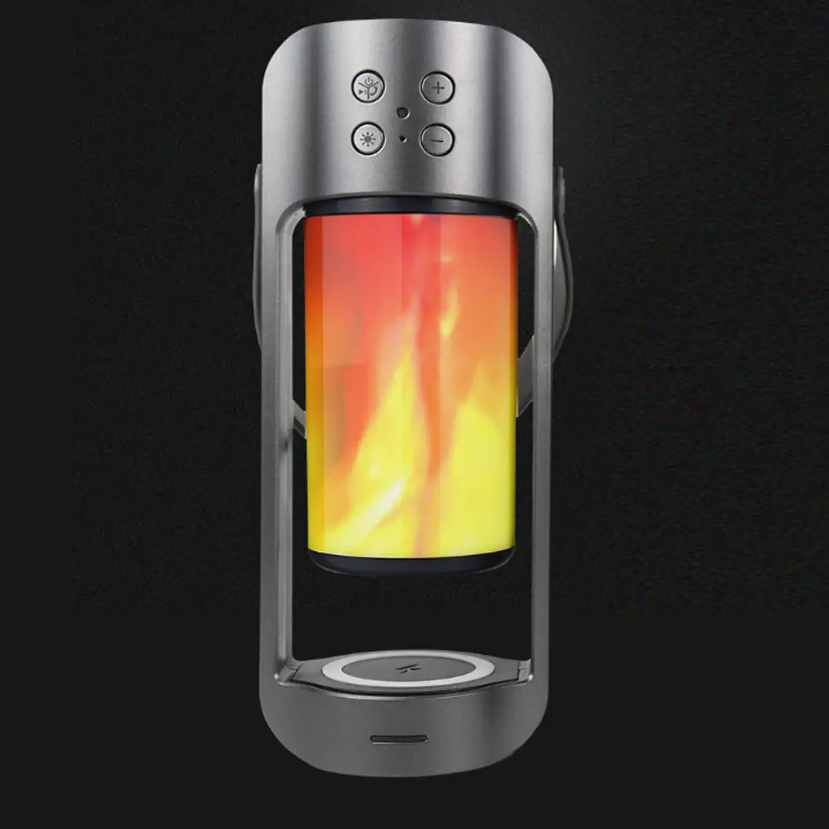 Lanterne LED à flammes dansantes avec haut-parleur Bluetooth et chargeur de téléphone sans fil 