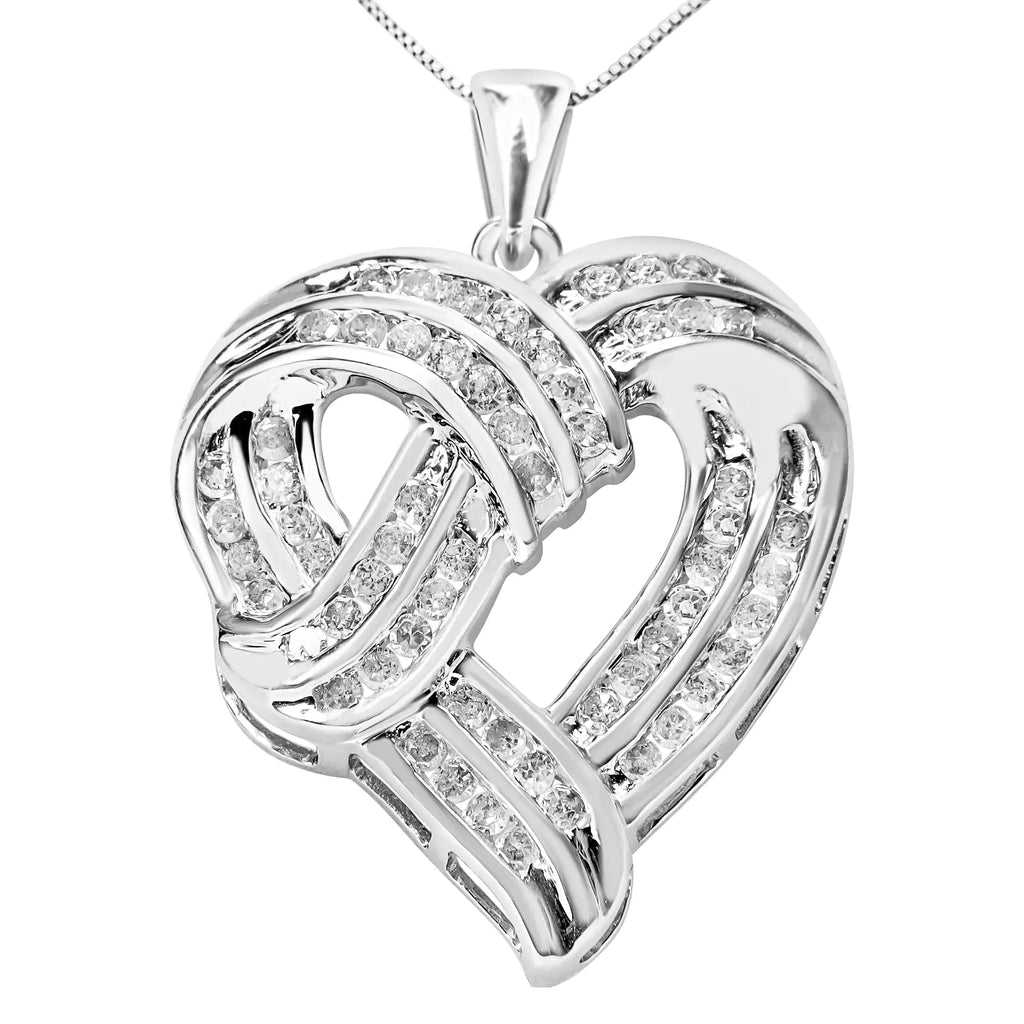 Collar con colgante de corazón de 18" con tejido de cinta calada y diamantes redondos de 1 1/4 ct en plata esterlina 925 (color IJ, claridad I3)