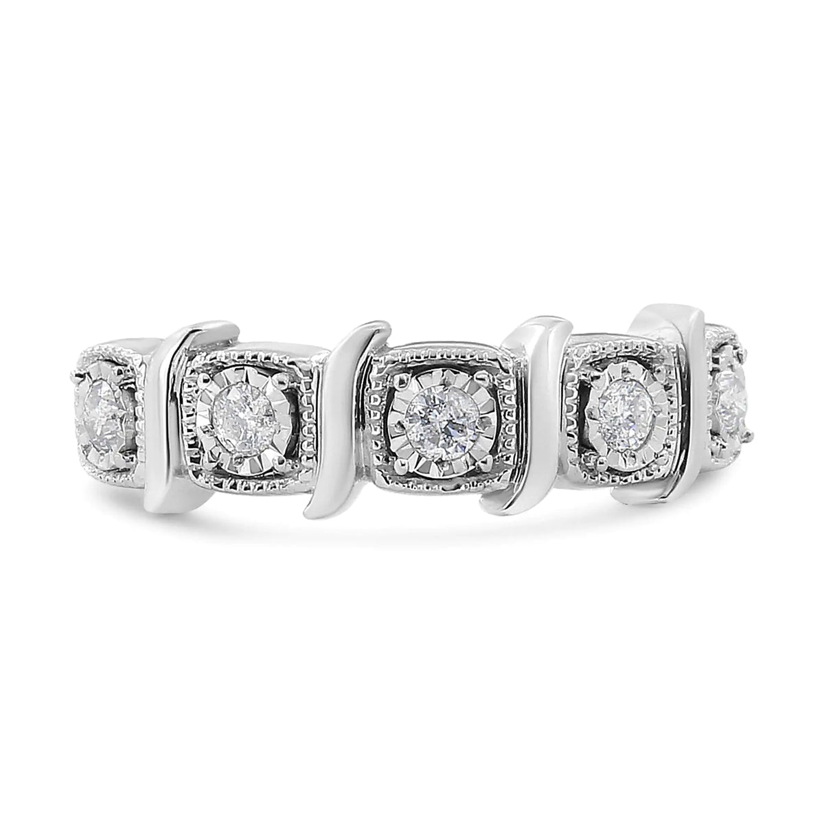 Anillo de banda en espiral con cinco piedras y diamantes engastados en plata de ley 925 de 1/4 ct (color IJ, claridad I1-I2)
