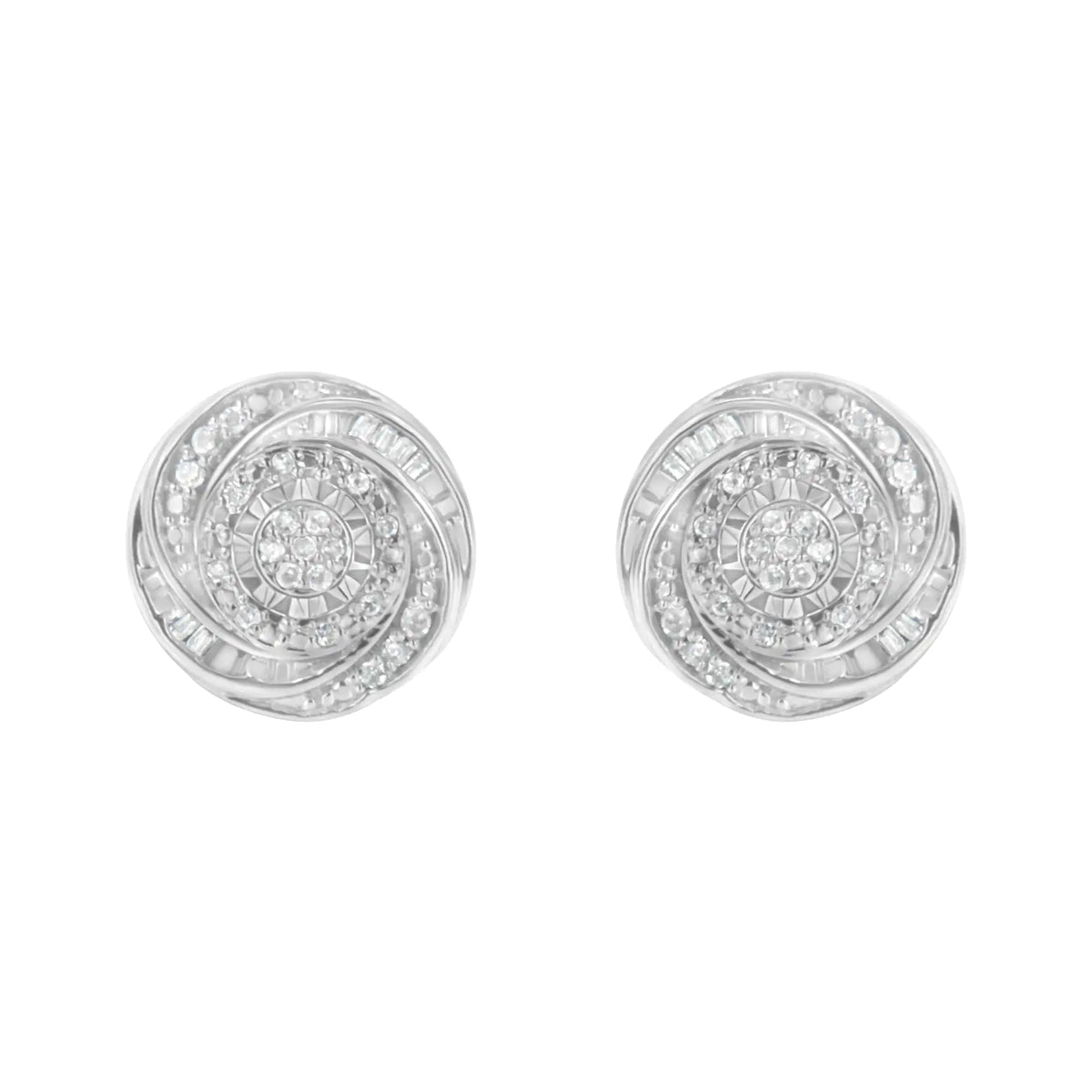 .925 Sterling Silver 1/4 Cttw Baguette and Round Diamond Swirl Love Knot Stud Earrings (I-J Color, I3 Clarity)