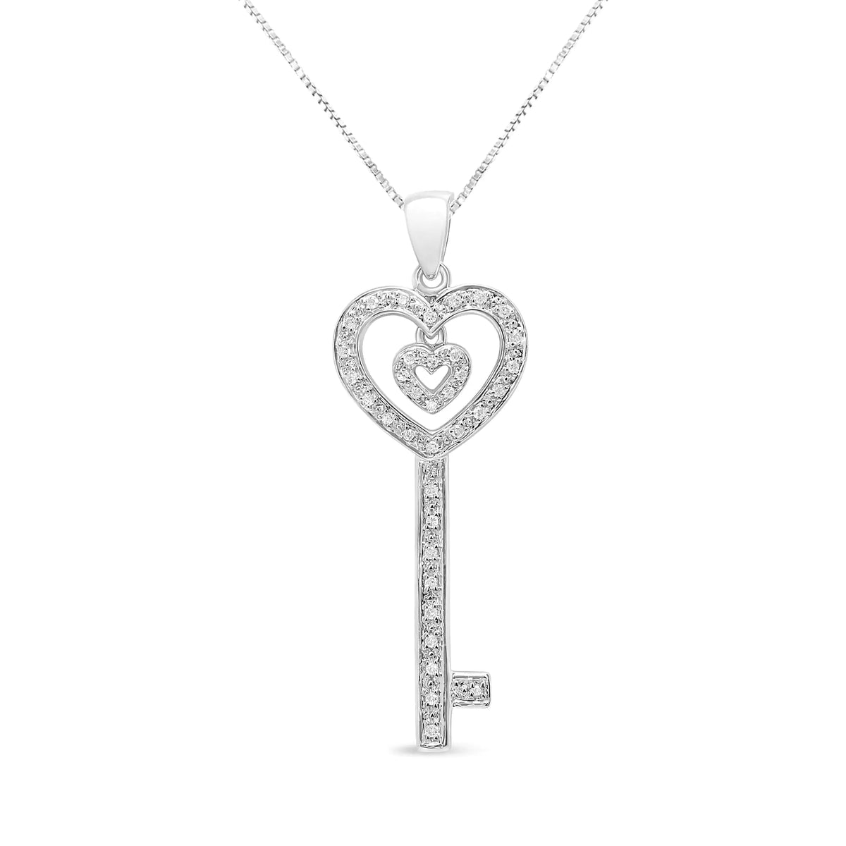 Collar con colgante de 18" con forma de corazón y llave doble de diamantes de talla redonda de 1/5 ct en plata esterlina 925 (color IJ, claridad I3)