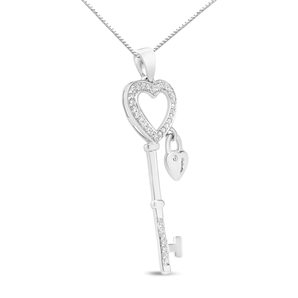 Collar con colgante de 18" con forma de corazón con candado y llave de diamantes de 1/4 ct en plata esterlina 925 (color IJ, claridad I3)