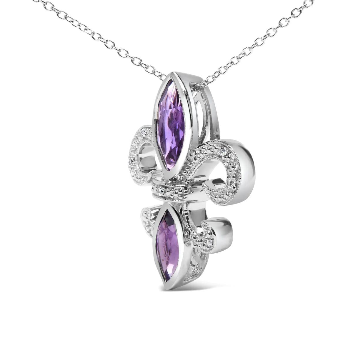 Collar con colgante de flor de lis con amatista morada y detalles de diamantes en plata de ley 925 (color HI, claridad SI1-SI2), tamaño 18"