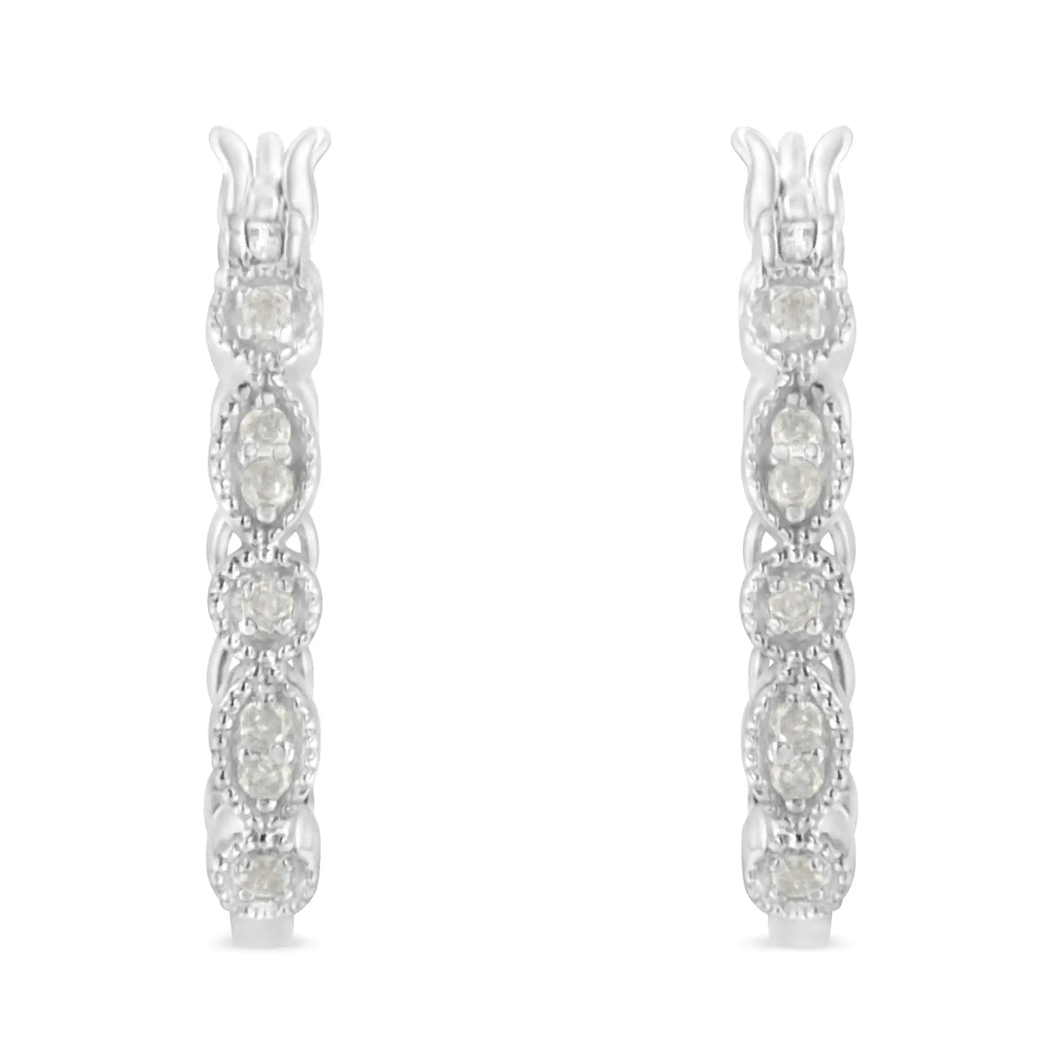Aros de plata de ley 925 con milgrain de diamantes de 1/6 ct (color IJ, claridad I3)