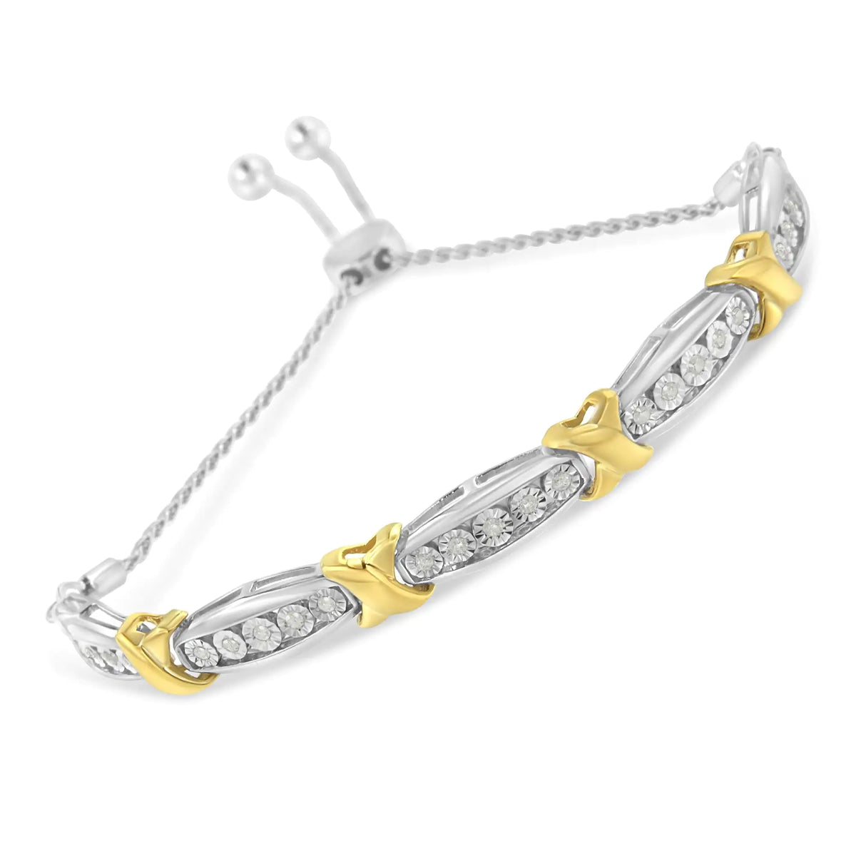 Pulsera de plata de ley 925 con engaste milagroso de barra cónica y diamantes de talla redonda de 1/4 ct en forma de X (color IJ, claridad I3) - Oro amarillo y plata de dos tonos