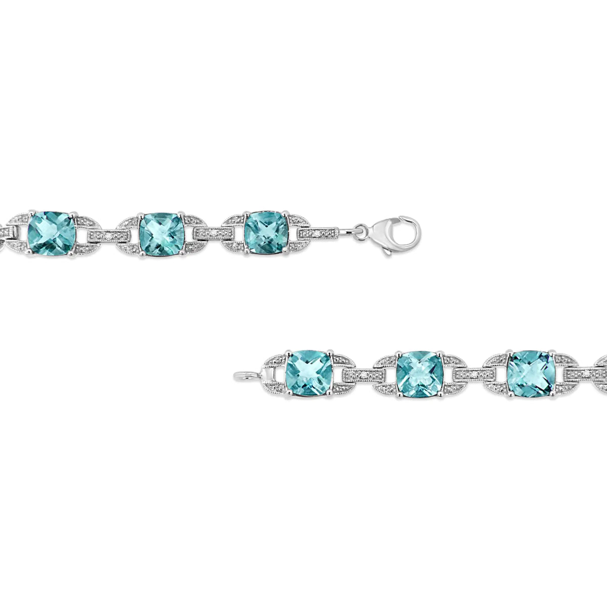 Bracelet de tennis tendance en argent sterling 925 avec topaze bleue taille coussin 7 x 7 mm et diamant taille ronde 1/20 ct (couleur IJ, pureté I1-I2) - 7"