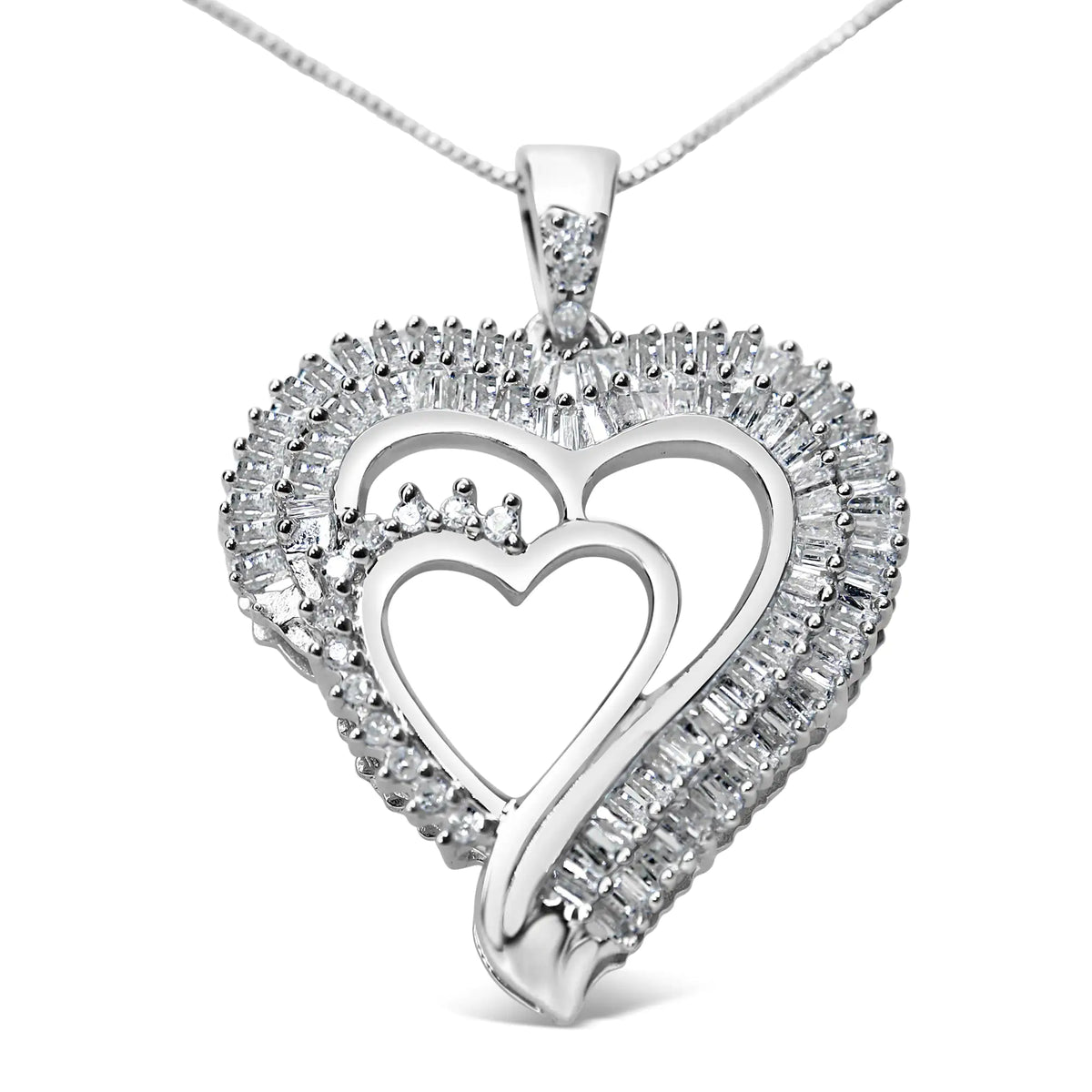 Collar con colgante de corazón doble de diamantes de talla baguette y redondos de 3/4 quilates en plata de ley 925 de 18" (color IJ, claridad I3)