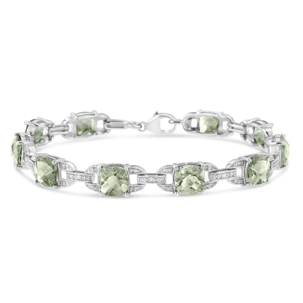 Bracelet de tennis tendance en argent sterling 925 avec améthyste verte taille coussin 7 x 7 mm et diamant taille ronde 1/20 ct (couleur IJ, pureté I1-I2) - 7"