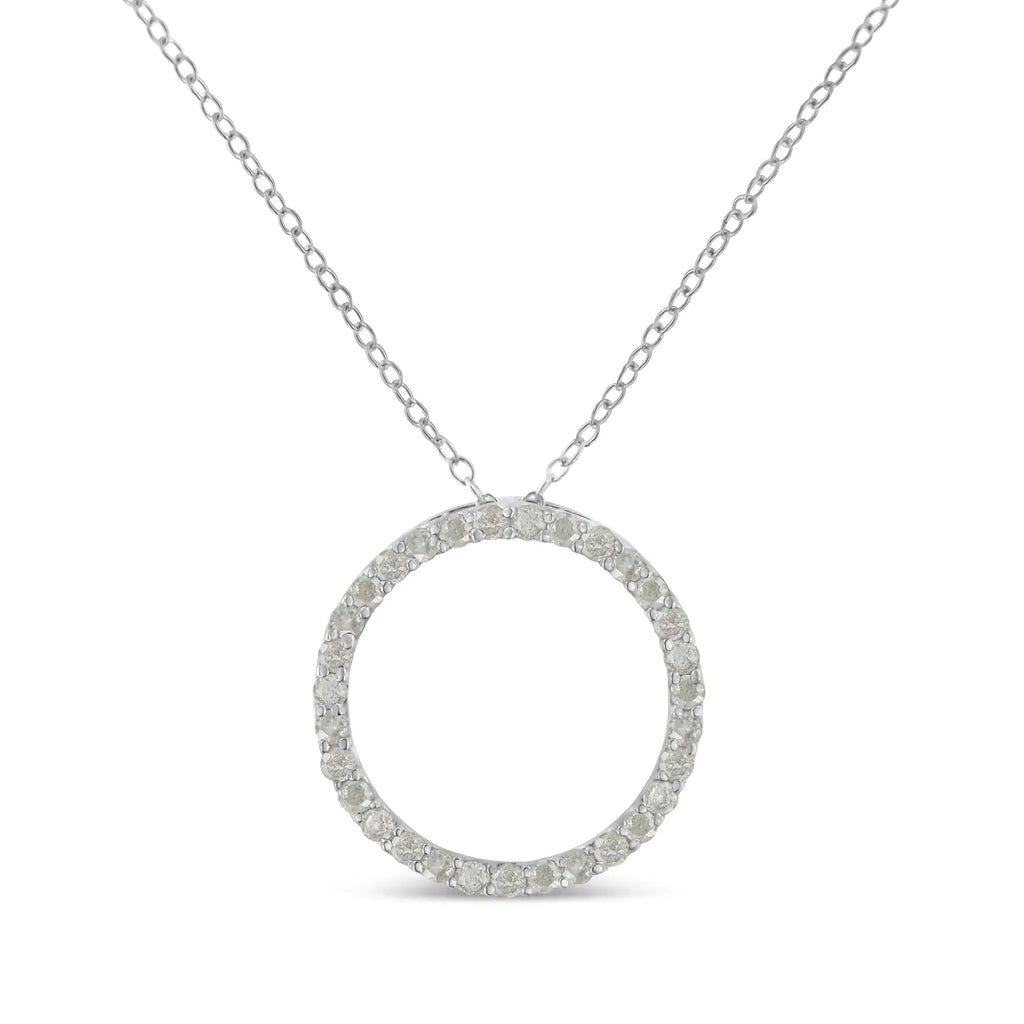 Collar con colgante de 18" con halo de diamantes de talla redonda de 3/4 quilates y círculo abierto en plata de ley 925 (color IJ, claridad I3)