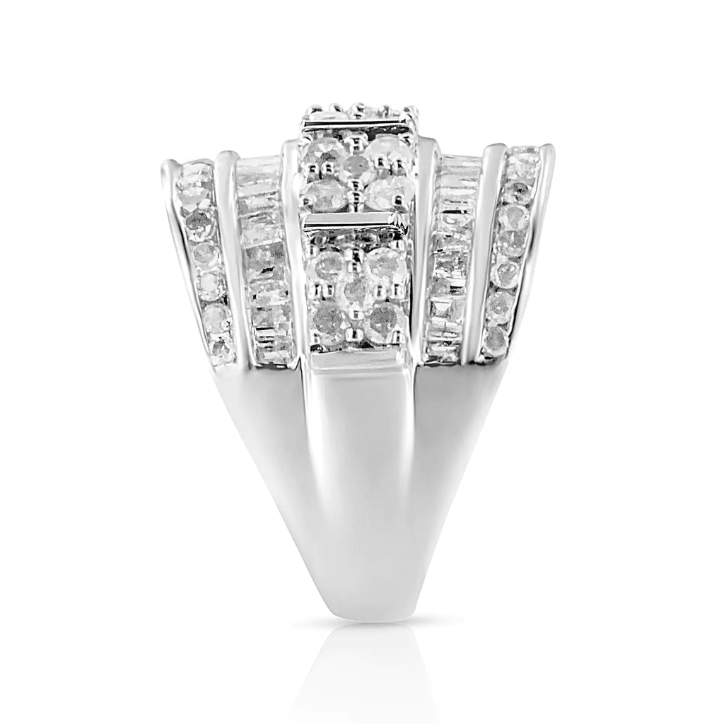 Anillo de cóctel de moda cónico con diamantes de talla baguette y redonda de 2,0 ct en plata esterlina 925 con múltiples filas y engaste en canal (color IJ, claridad I3)