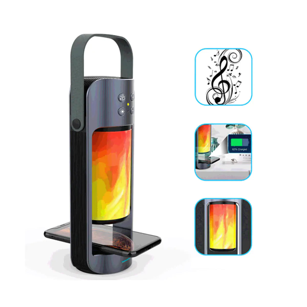 Lanterne LED à flammes dansantes avec haut-parleur Bluetooth et chargeur de téléphone sans fil 