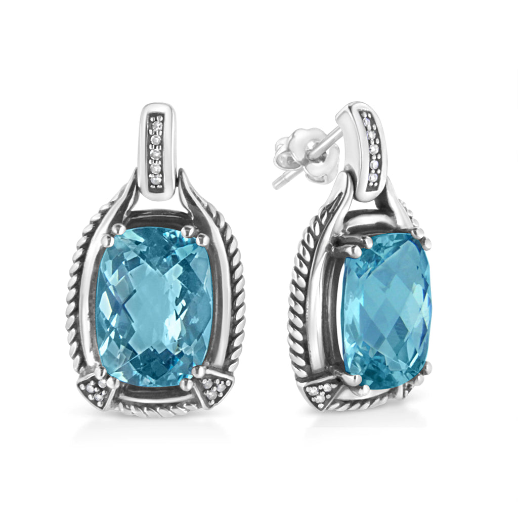 Aros colgantes con topacio azul de talla cojín de 14 x 10 mm y detalle de diamante en plata de ley 925 (color IJ, claridad I1-I2)