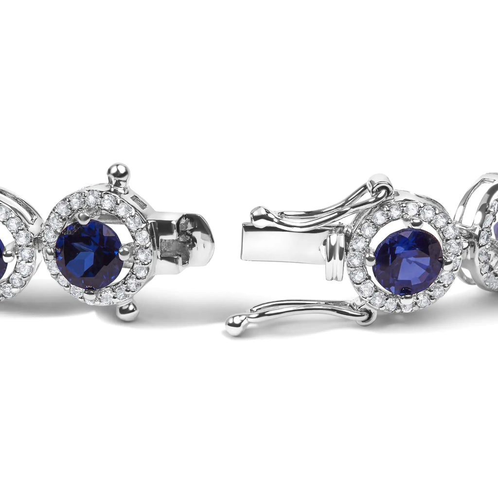 Bracelet à maillons halo en argent sterling 925 avec saphir bleu synthétique et topaze blanche de 21,0 ct - 7,25 pouces