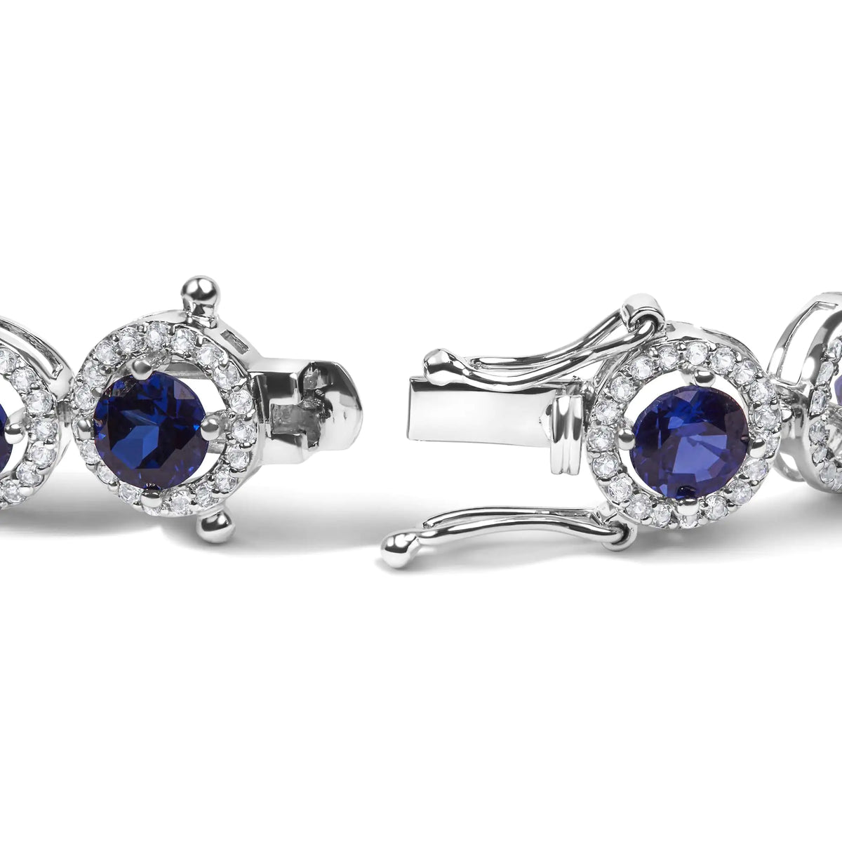Pulsera de eslabones con halo de topacio blanco y zafiro azul creado de 21,0 quilates en plata de ley 925 (7,25 pulgadas)