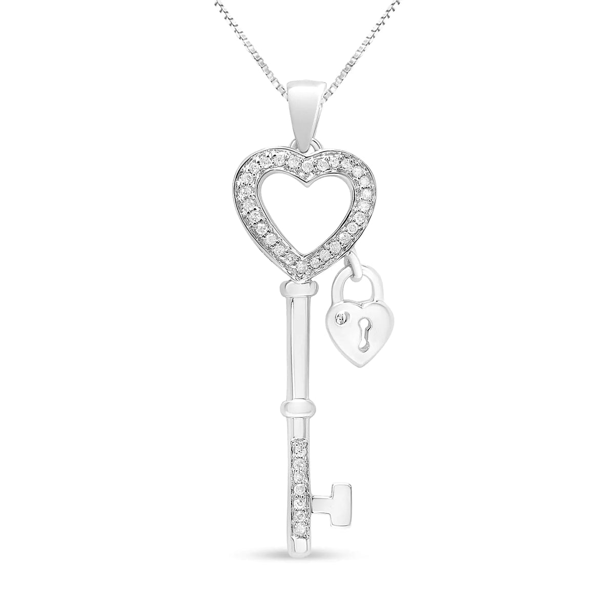 Collar con colgante de 18" con forma de corazón con candado y llave de diamantes de 1/4 ct en plata esterlina 925 (color IJ, claridad I3)