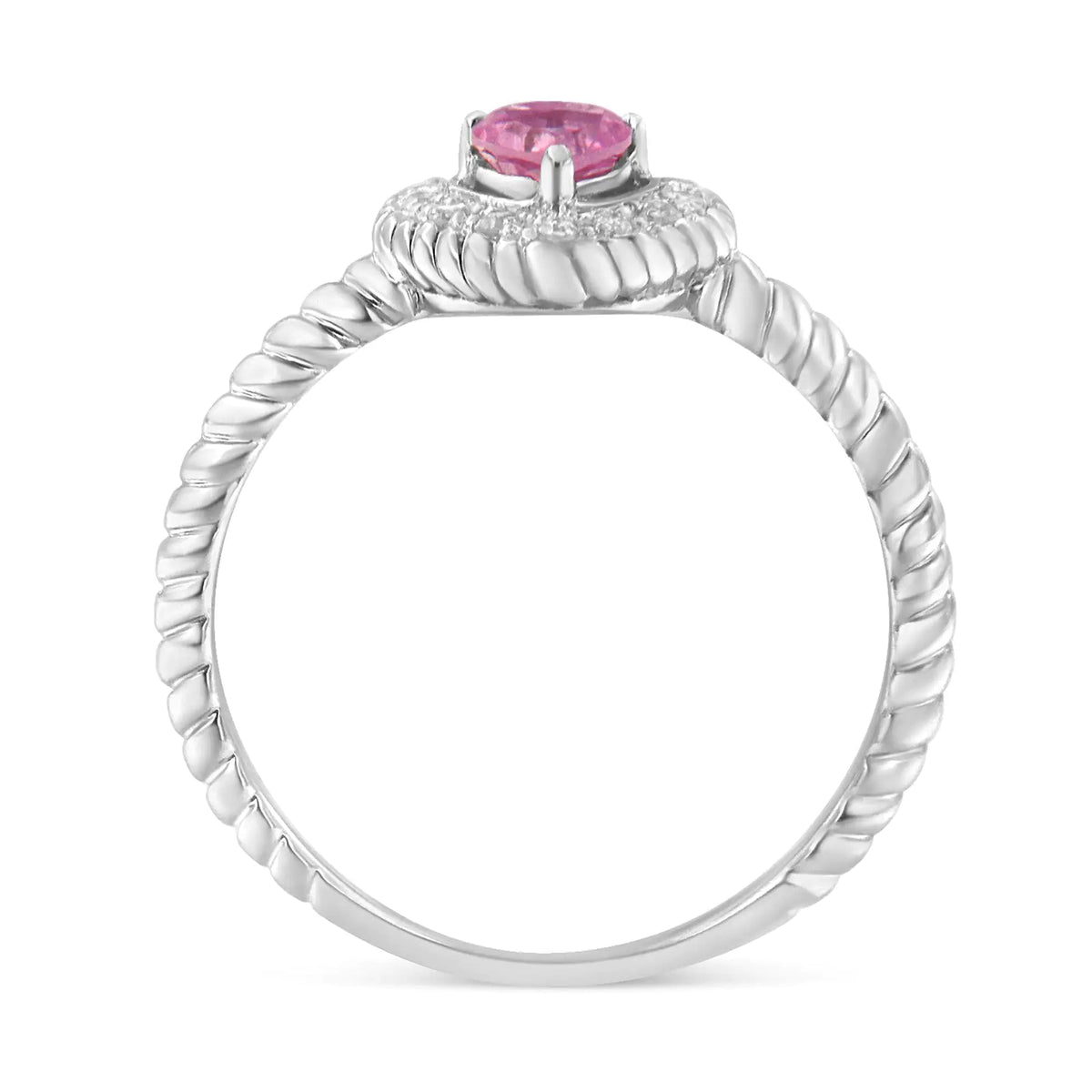 Anillo de plata de ley 925 con zafiro rosa de 4 mm y detalle de diamantes en forma de corazón (color IJ, claridad I2-I3)