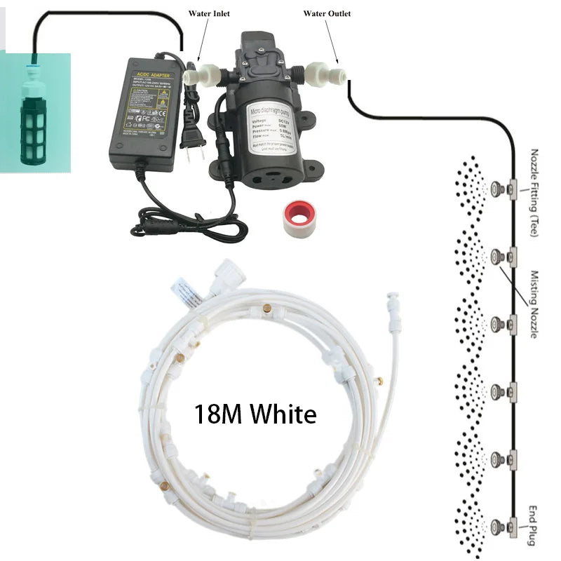 Misting Cooling System With Pump Filter Kit 20FT-60FT Mister Line Brass Nozzle 5L/Min For Outdooor Patio Porch Backyard