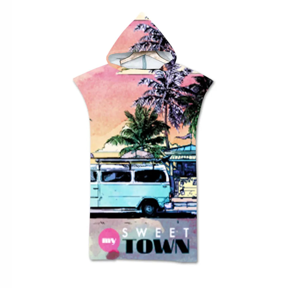 Summer Holiday Hooded Bath Beach Towel Microfiber Wetsuit Changing Robe Poncho Surf Towel for Swimming Beach Outdooor Bathrobe