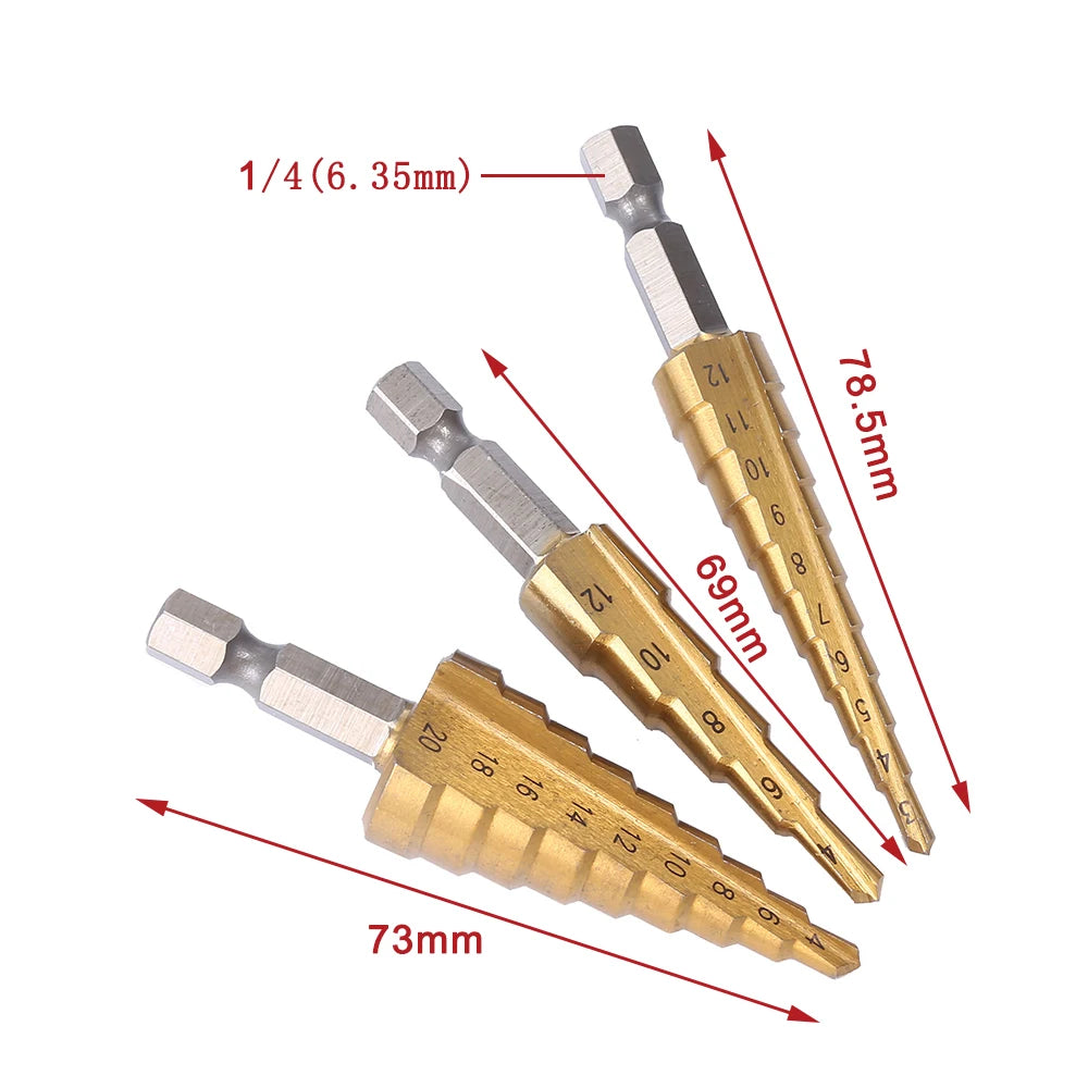 HSS 3-12mm 4-12mm 4-20mm HSS Straight Groove Step Drill Bit Titanium Coated Wood Metal Hole Cutter Core Drilling Tools Set