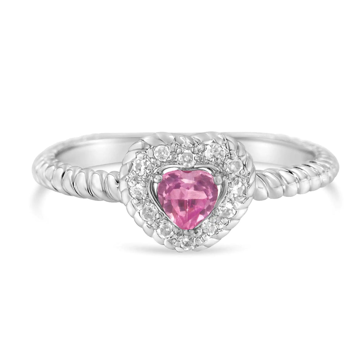 Anillo de plata de ley 925 con zafiro rosa de 4 mm y detalle de diamantes en forma de corazón (color IJ, claridad I2-I3)