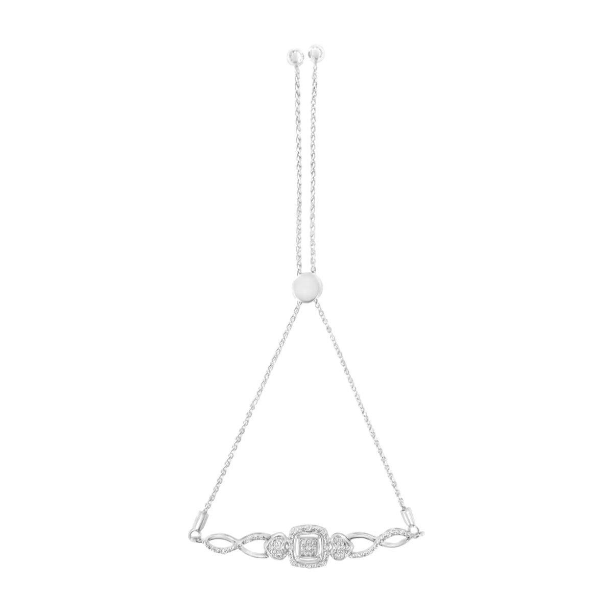 .925 Sterling Silver Diamond Cushion Frame Heart-Sides Twist 4”-10” Adjustable Bolo Tennis Bolo Bracelet (I-J Color, I3 Clarity)