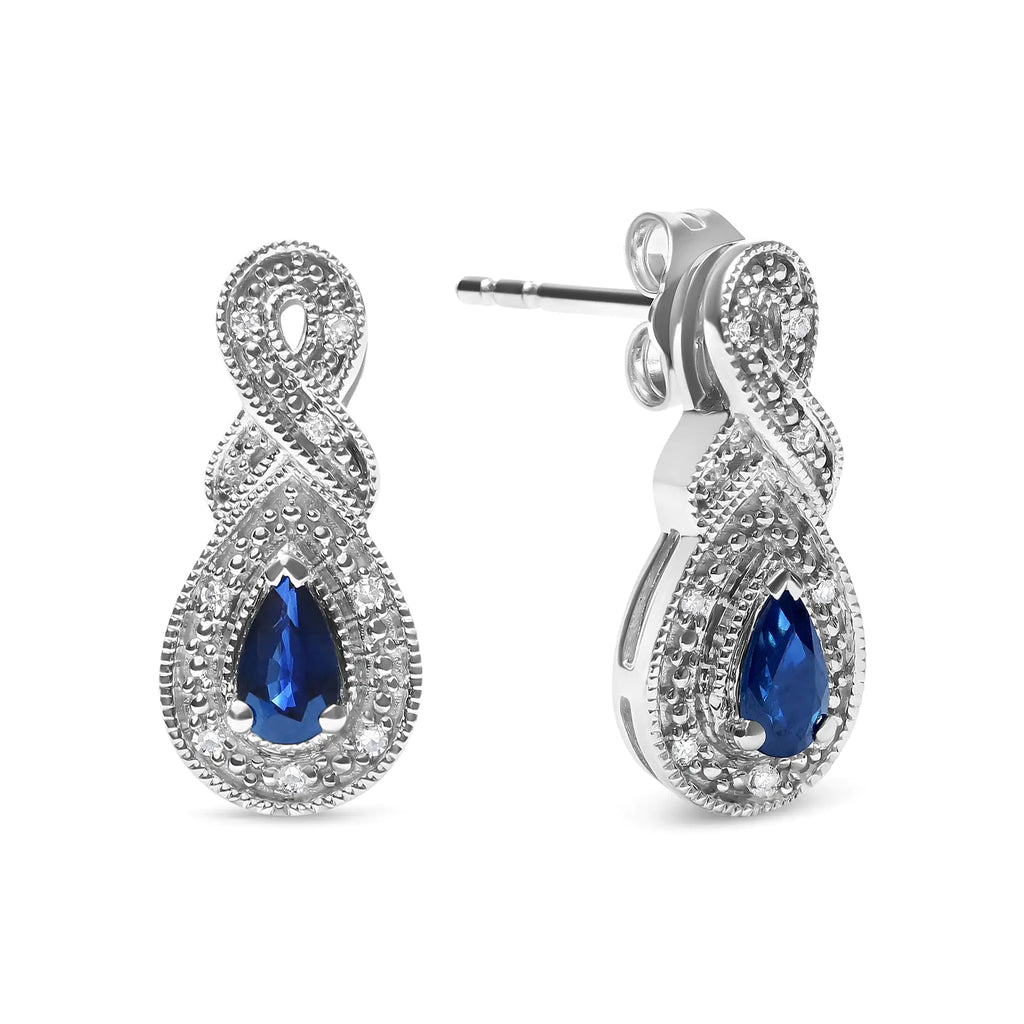 Aros colgantes con forma de infinito con piedra preciosa de zafiro en forma de pera de 4,5 x 3 mm y detalles de diamantes en plata de ley 925 (color HI, claridad SI1-SI2)