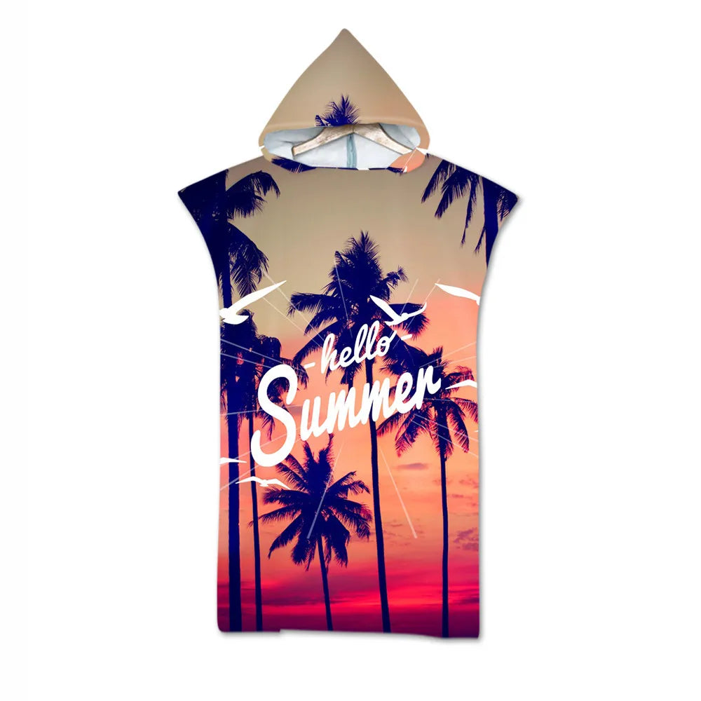 Summer Holiday Hooded Bath Beach Towel Microfiber Wetsuit Changing Robe Poncho Surf Towel for Swimming Beach Outdooor Bathrobe