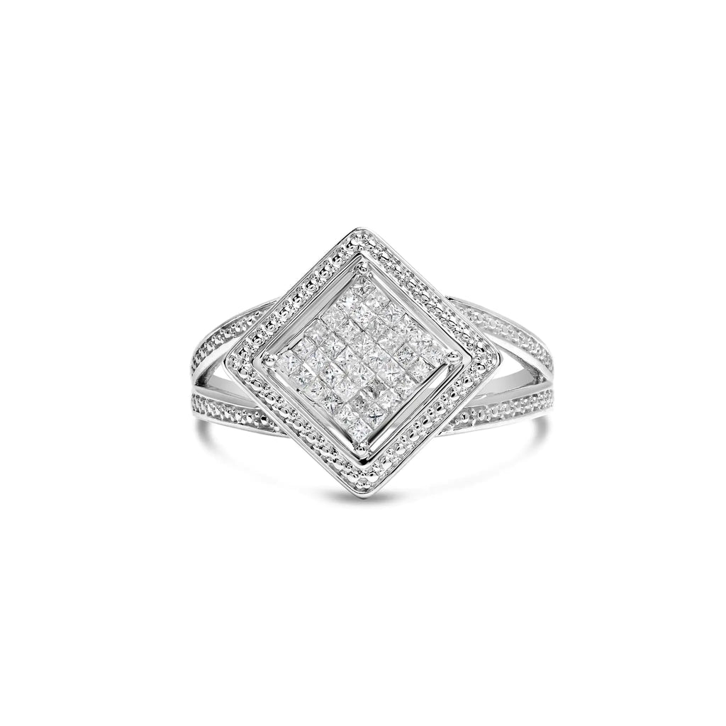 Bague en argent sterling 925 avec diamants taille princesse invisibles de 1/3 ct et halo perlé (couleur HI, clarté SI1-SI2)