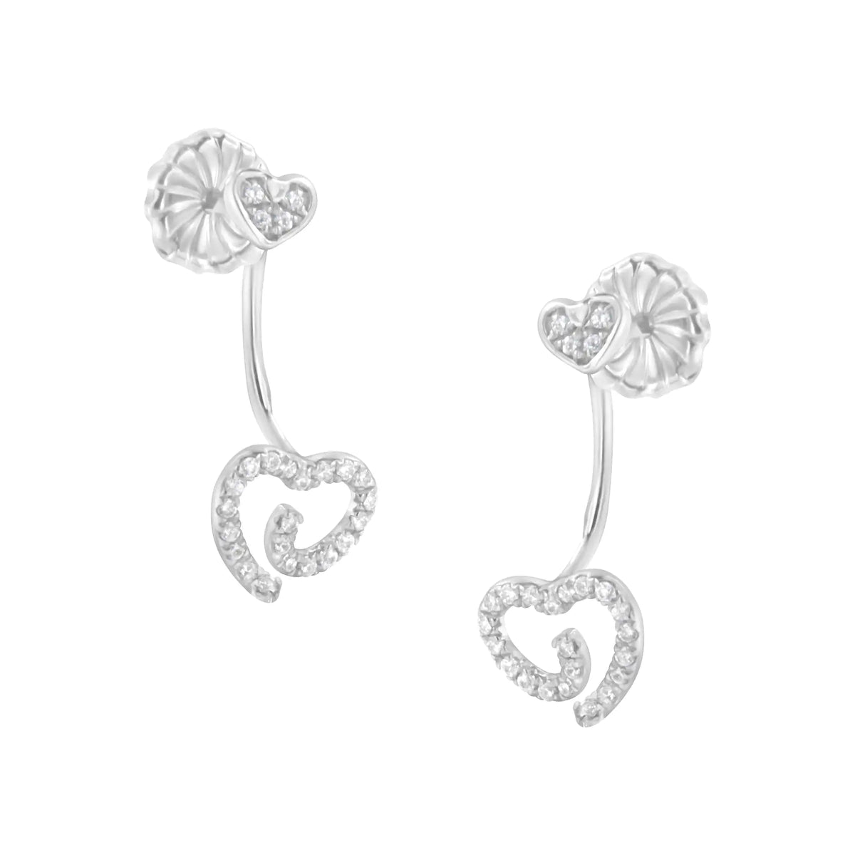 Pendientes de plata de ley 925 con forma de corazón con diamantes de 1/4 ct y remolino en la parte delantera y trasera (color IJ, claridad I2-I3)