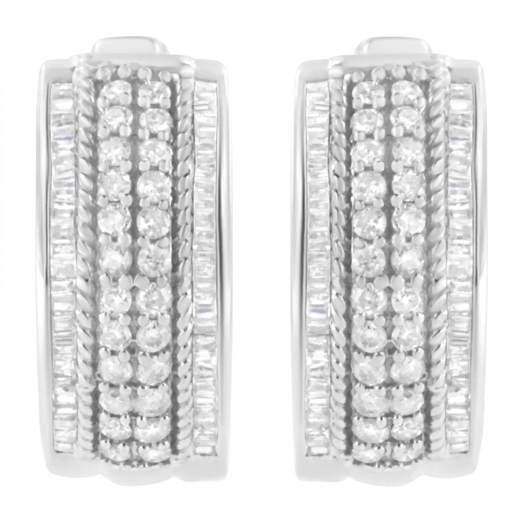 .925 Sterling Silver 1.0 Cttw Round and Baguette-Cut Diamond Hoop Earring (H-I Color, I2-I3 Clarity)