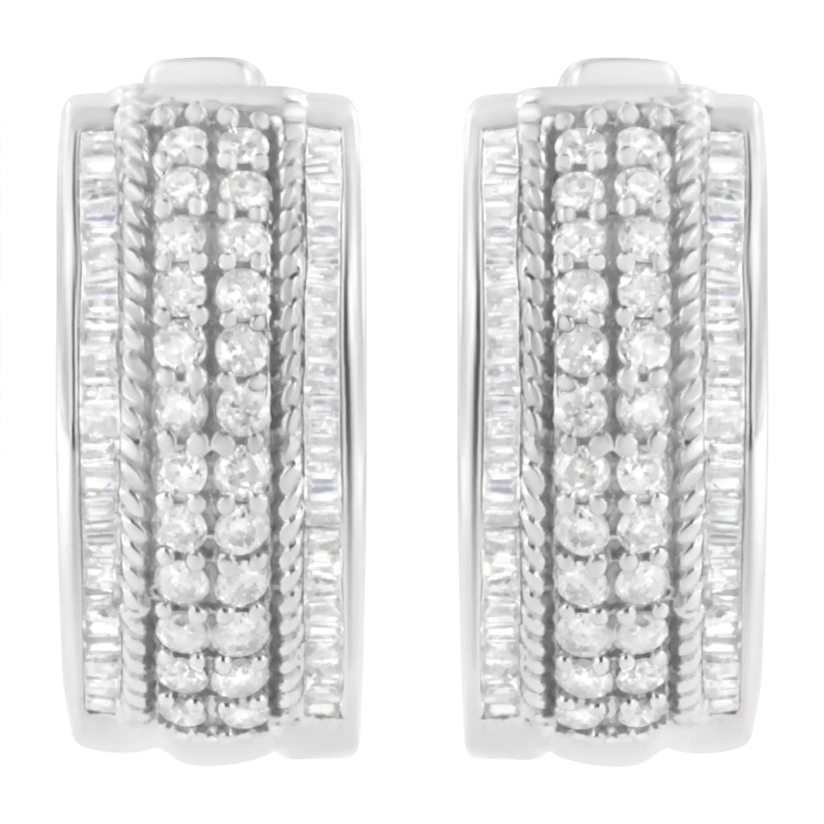 .925 Sterling Silver 1.0 Cttw Round and Baguette-Cut Diamond Hoop Earring (H-I Color, I2-I3 Clarity)