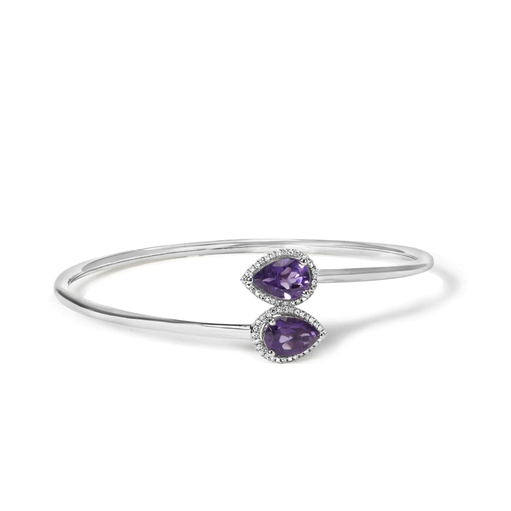 Bracelet jonc en argent sterling 925 de 8 x 5,5 mm avec améthyste en forme de poire et accent de diamant (couleur HI, clarté SI1-SI2) - Convient jusqu'à 7 pouces