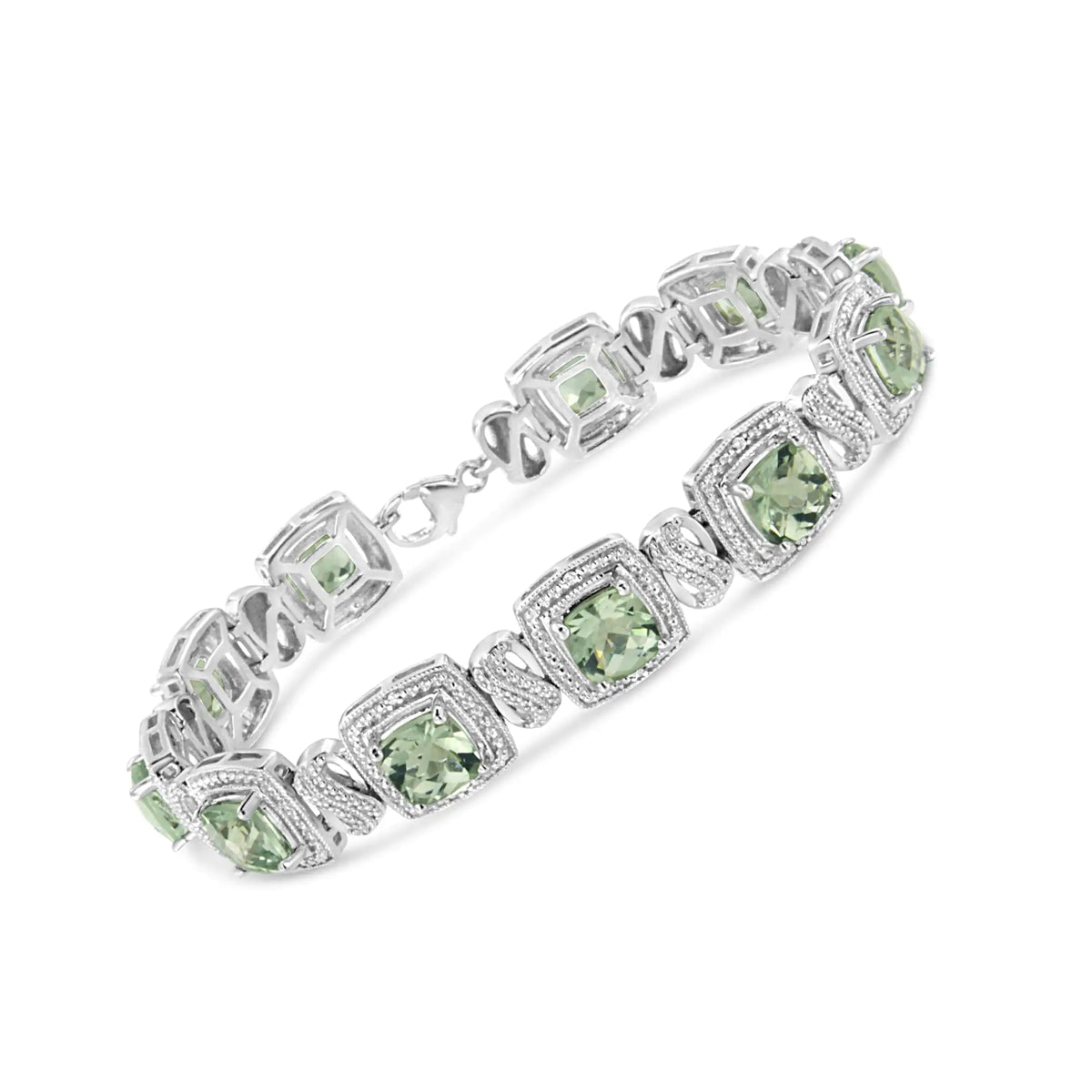 Bracelet de tennis en argent sterling 925 avec améthyste verte taille coussin 7 x 7 mm et diamant taille simple 1/10 ct de forme carrée (couleur IJ, pureté I1-I2) - 7"