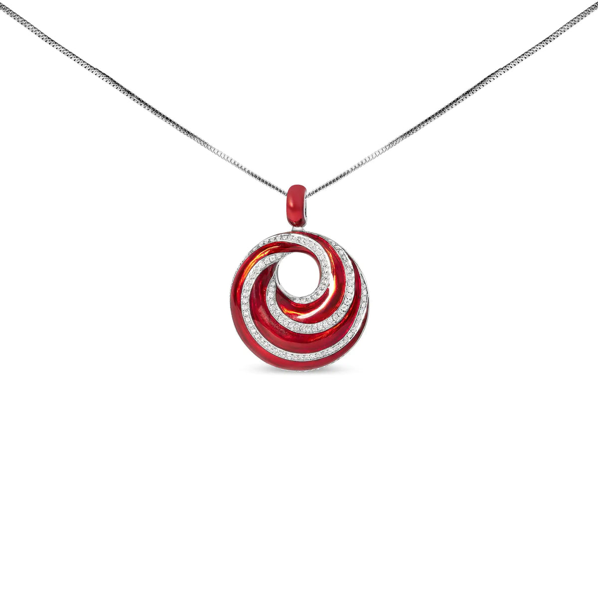 Collar con colgante de medallón en espiral sin fin de 18" con esmalte rojo y 1/2 diamante en plata esterlina 925 (color FG, claridad VS1-VS2)