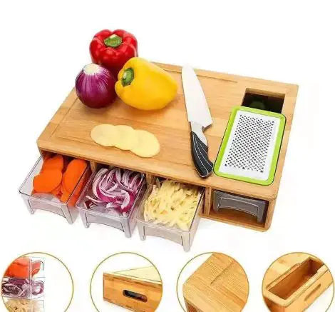 Tabla de cortar verduras multifuncional de bambú con caja de almacenamiento
