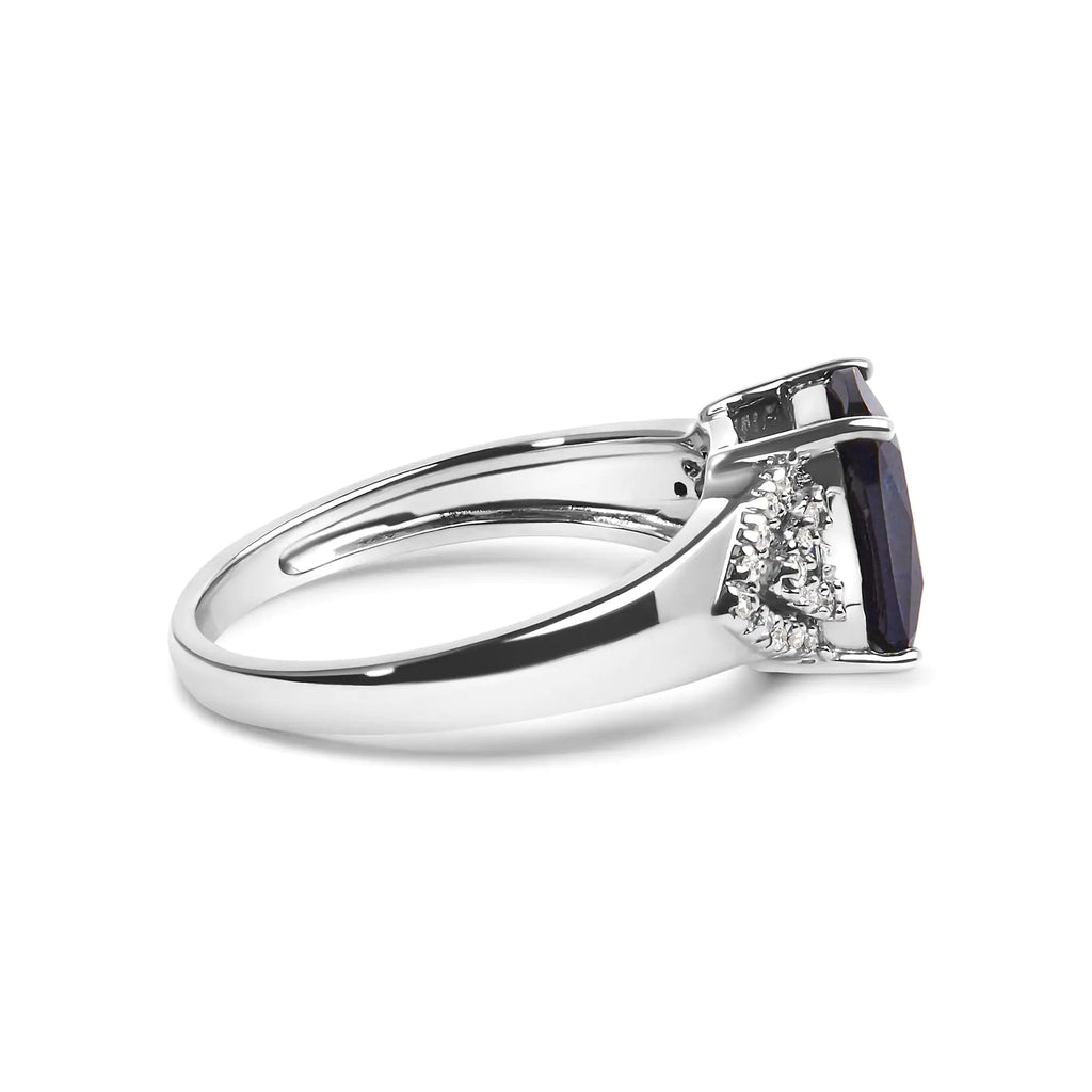Bague de fiançailles en argent sterling 925 avec saphir bleu taille coussin et diamant blanc de 9 x 7 mm (couleur IJ, pureté I3)