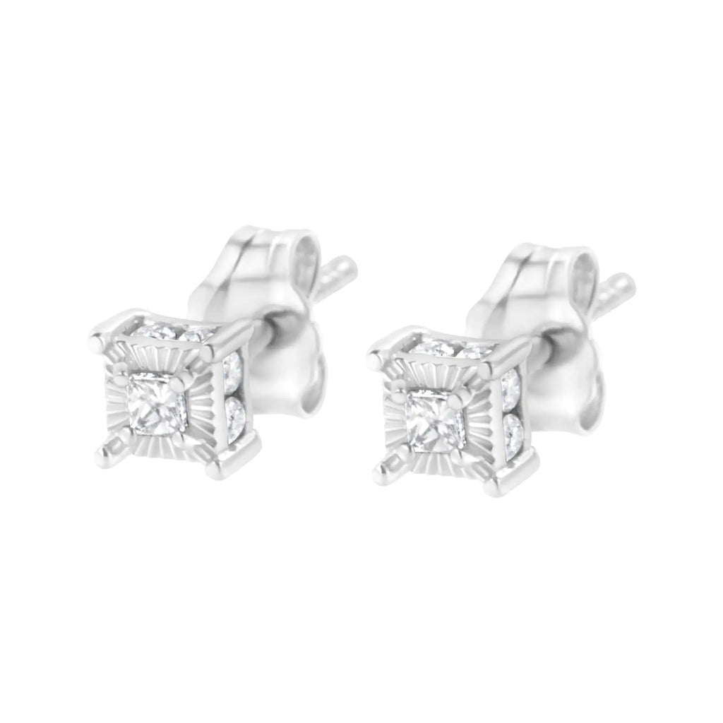 Boucles d'oreilles à tige en argent sterling 925 avec diamant solitaire taille princesse Miracle Set 1/4 ct et halo caché (couleur IJ, pureté SI2-I1)