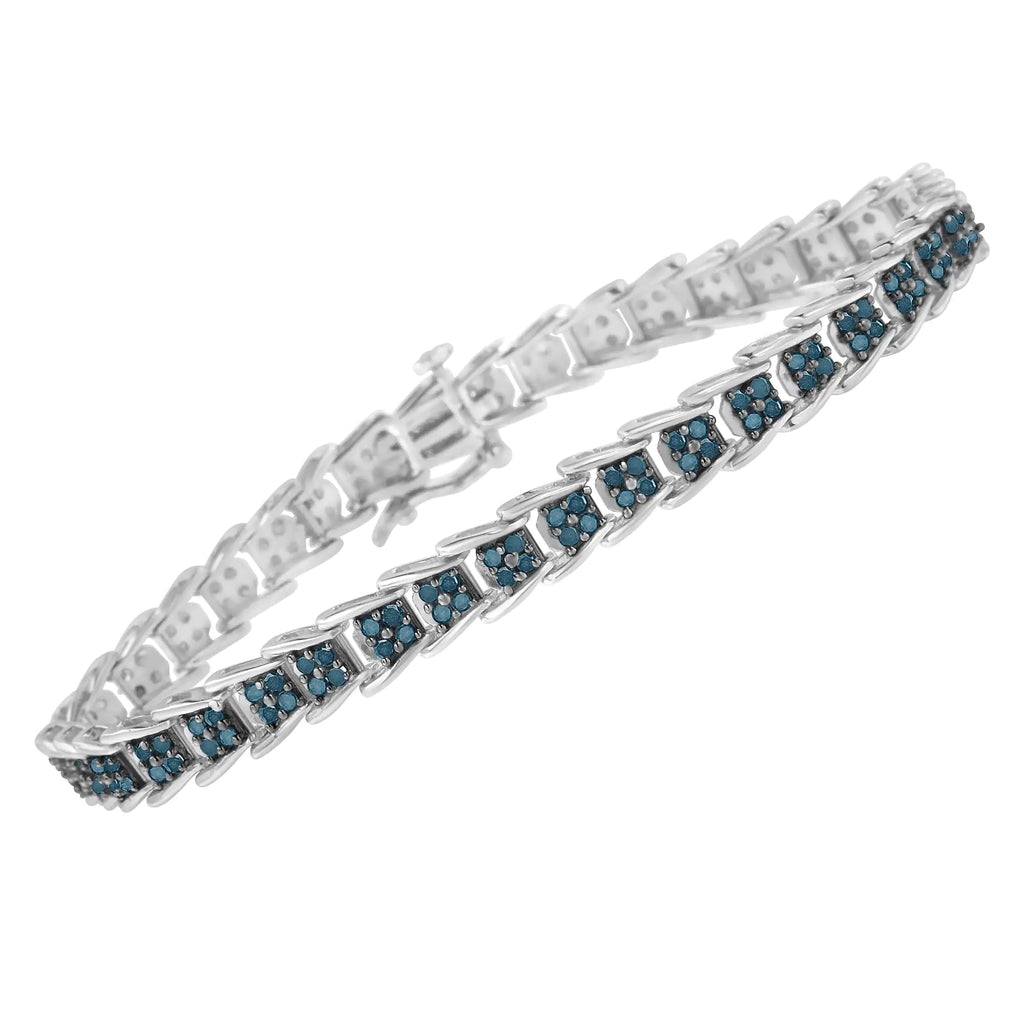 Pulsera de tenis de 7" con eslabones anidados en forma de abanico y diamantes azules tratados de 2 ct en plata esterlina 925 (color azul, claridad I3) - Tamaño 7"