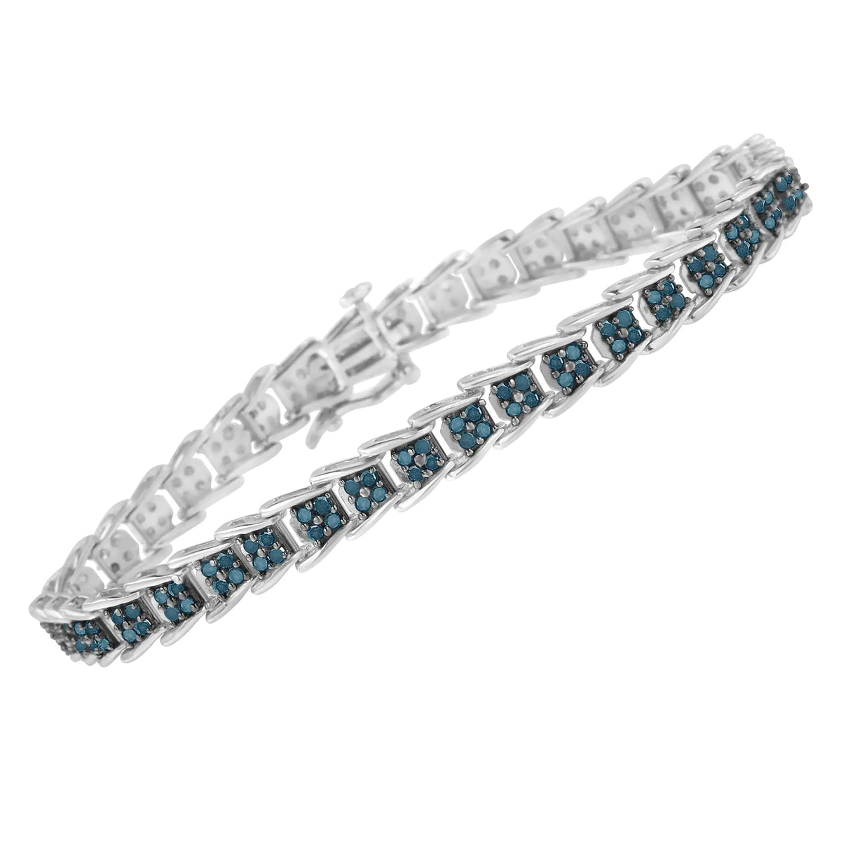 Pulsera de tenis de 7" con eslabones anidados en forma de abanico y diamantes azules tratados de 2 ct en plata esterlina 925 (color azul, claridad I3) - Tamaño 7"