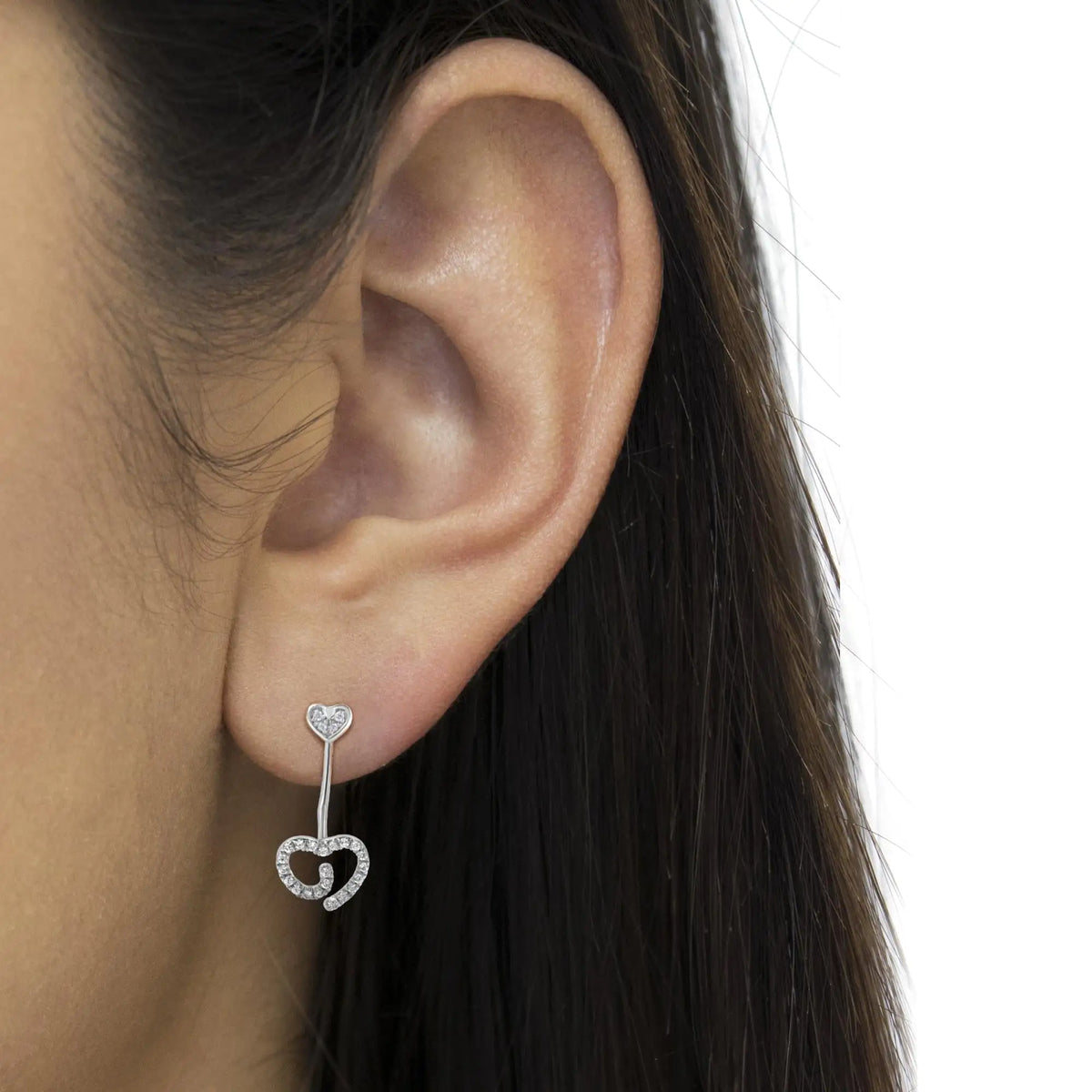 Pendientes de plata de ley 925 con forma de corazón con diamantes de 1/4 ct y remolino en la parte delantera y trasera (color IJ, claridad I2-I3)