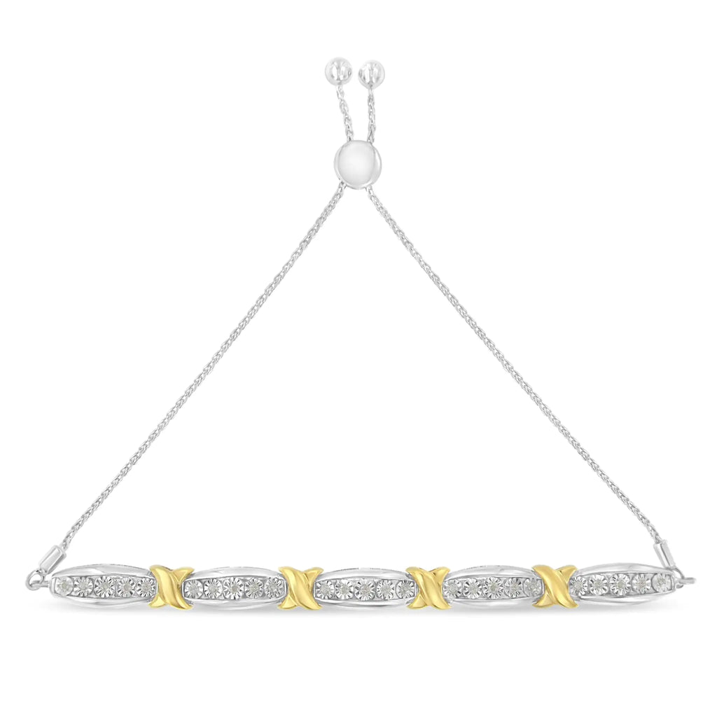 Pulsera de plata de ley 925 con engaste milagroso de barra cónica y diamantes de talla redonda de 1/4 ct en forma de X (color IJ, claridad I3) - Oro amarillo y plata de dos tonos
