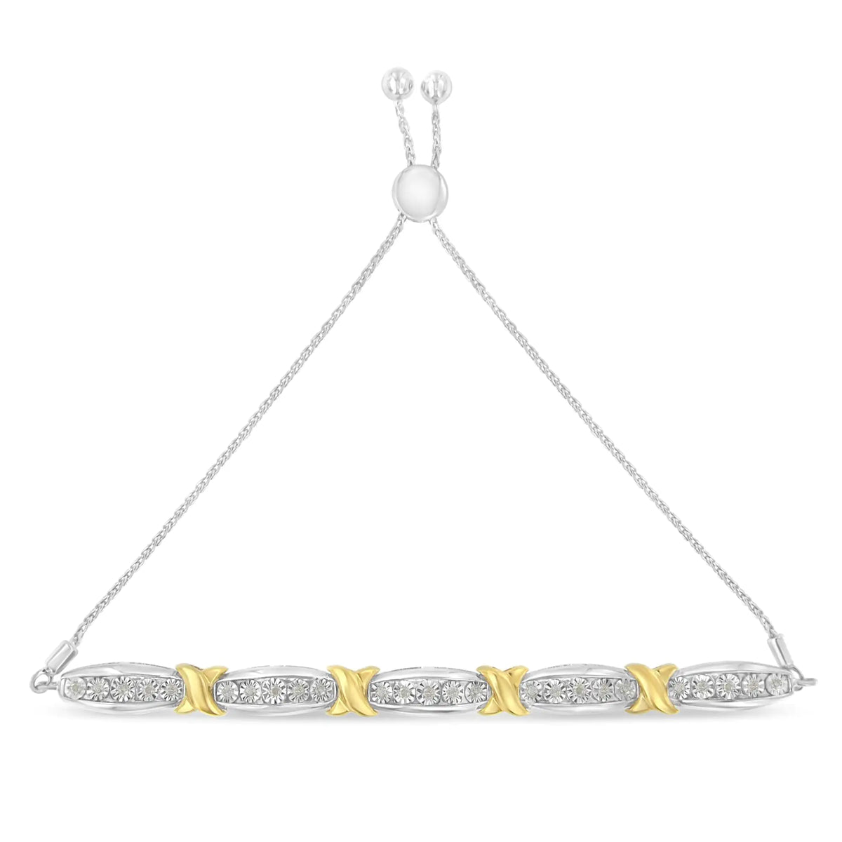 Pulsera de plata de ley 925 con engaste milagroso de barra cónica y diamantes de talla redonda de 1/4 ct en forma de X (color IJ, claridad I3) - Oro amarillo y plata de dos tonos