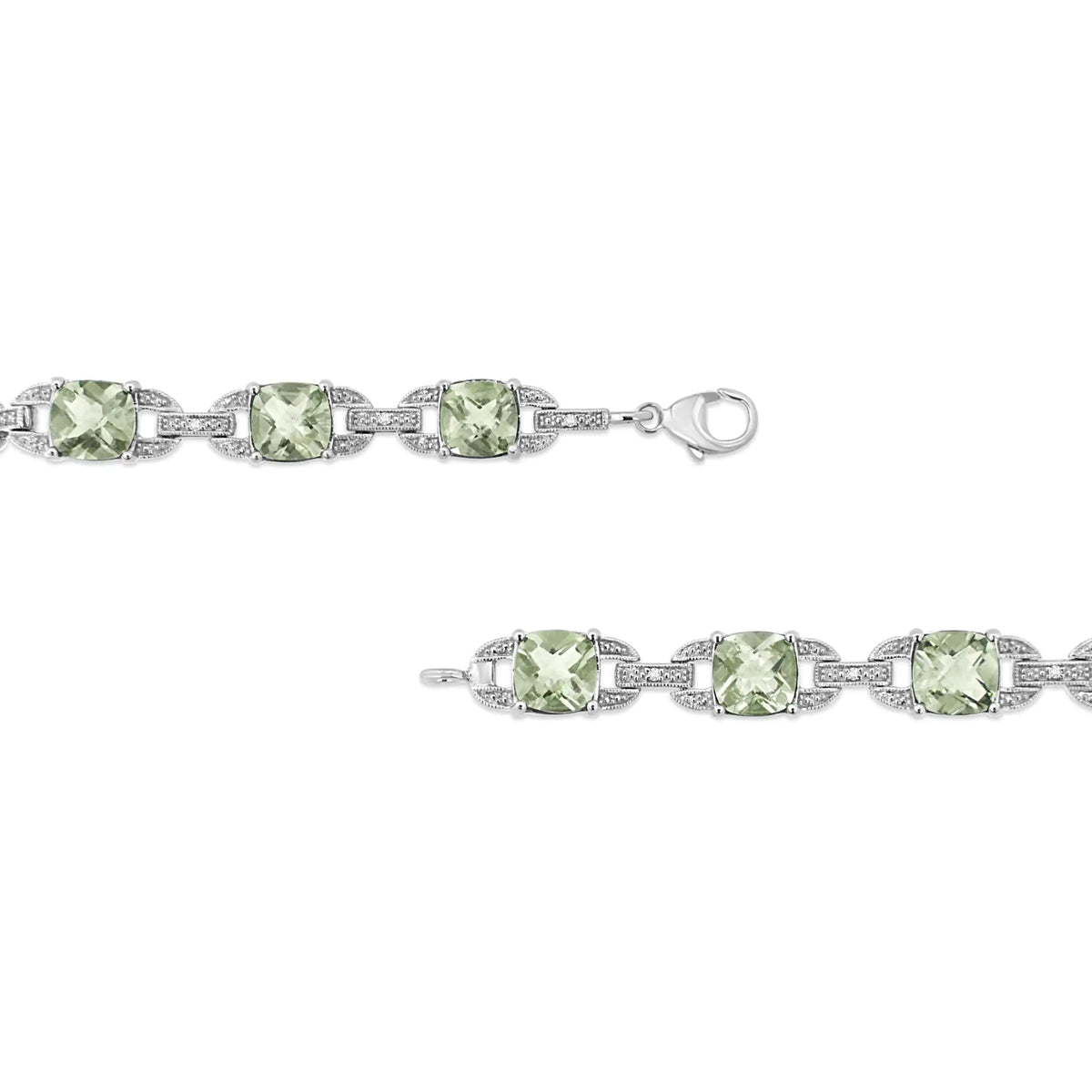 Bracelet de tennis tendance en argent sterling 925 avec améthyste verte taille coussin 7 x 7 mm et diamant taille ronde 1/20 ct (couleur IJ, pureté I1-I2) - 7"