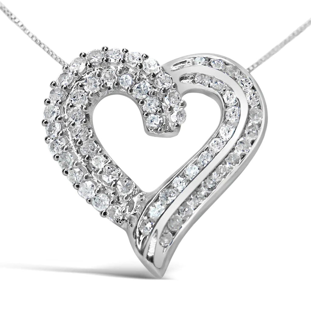 Collier avec pendentif en forme de cœur en ruban ajouré en argent sterling 925 de 1,0 ct avec diamants sertis à griffes et à canal, 18 po (couleur IJ, clarté I3)