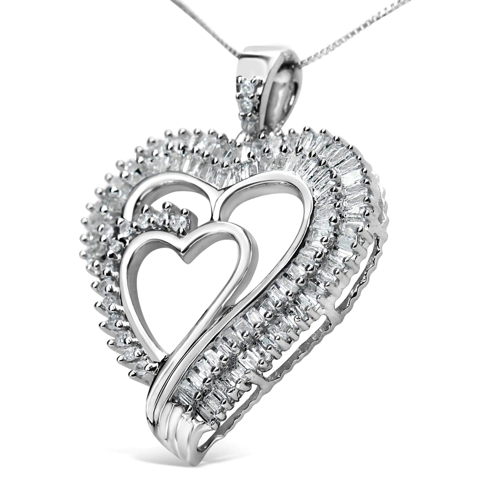 Collar con colgante de corazón doble de diamantes de talla baguette y redondos de 3/4 quilates en plata de ley 925 de 18" (color IJ, claridad I3)