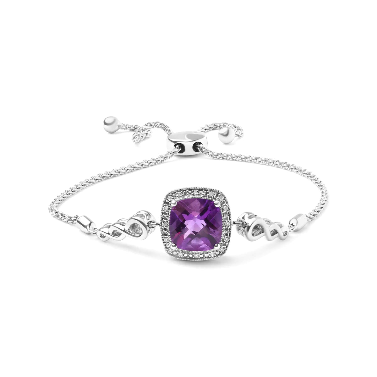 Pulsera bolo ajustable de 10 a 25 cm con amatista de talla cojín de 10 mm y detalles de diamantes en plata de ley 925 (color HI, claridad SI1-SI2)