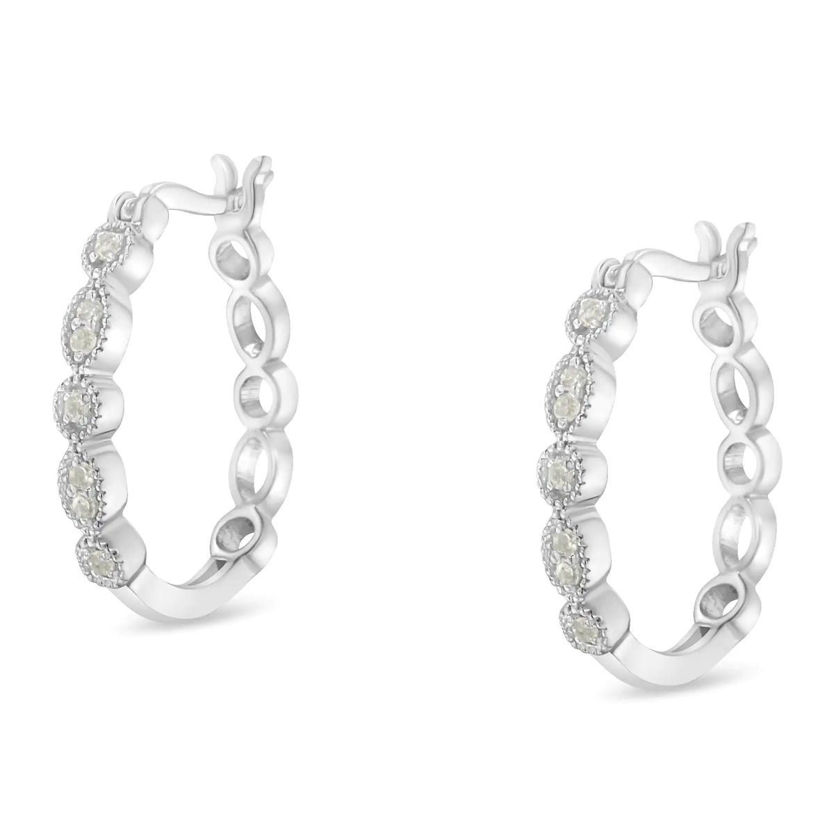 Aros de plata de ley 925 con milgrain de diamantes de 1/6 ct (color IJ, claridad I3)