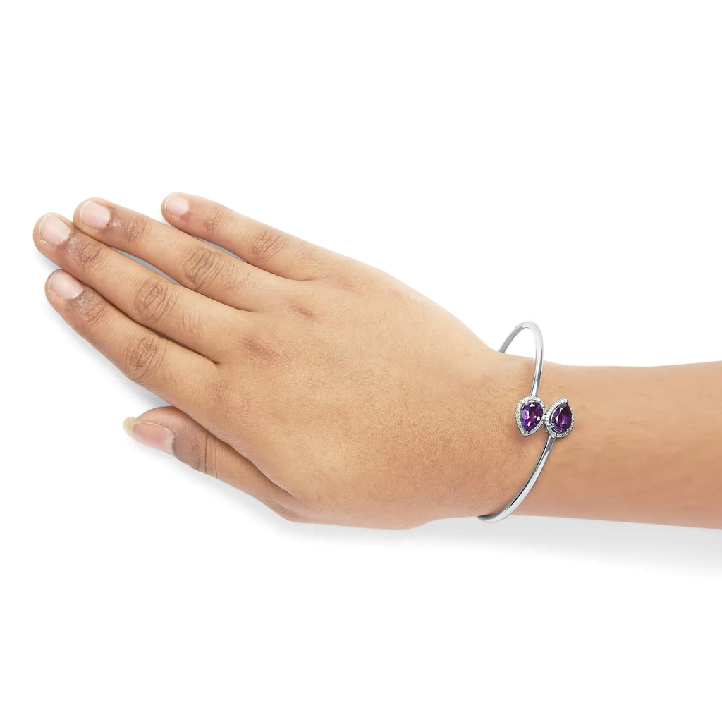 Bracelet jonc en argent sterling 925 de 8 x 5,5 mm avec améthyste en forme de poire et accent de diamant (couleur HI, clarté SI1-SI2) - Convient jusqu'à 7 pouces